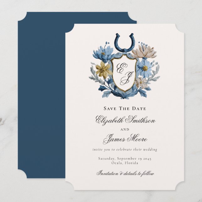 Save The Date Floral Crest Equestrian Horseshoe Monogram  (Devant / Derrière)