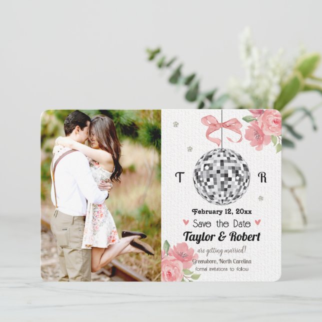 Save The Date Floral Disco Ball Wedding Enregistrer la date (Debout devant)