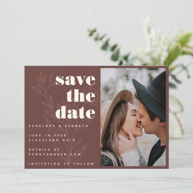 Save The Date Floral Line Art chaud Rustique Mariage photo (Debout devant)