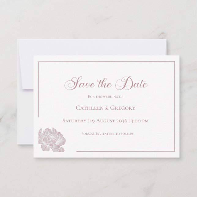 Save The Date Floral Line Art White Dusty Rose Wedding  (Devant)