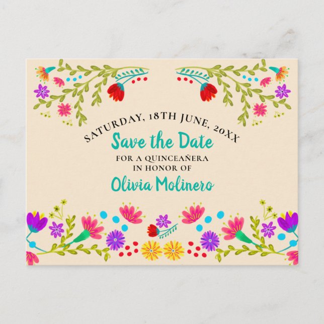 Save the Date floral mexikanischer Fiesta Champagn Ankündigungspostkarte (Vorderseite)
