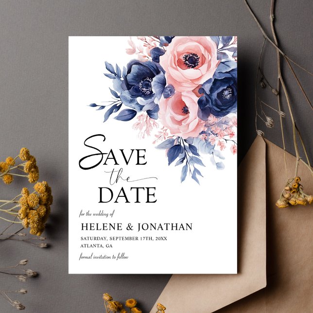 Save The Date Floral Navy Blue Blush rose Boho Elégant mariage (Floral Navy Blue Blush Pink Boho Elegant Wedding Save The Date)