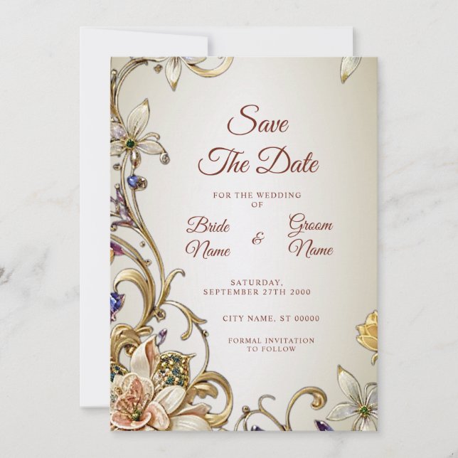 Save The Date Floral Or Blanc Enregistrer La Date (Devant)