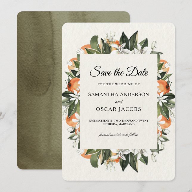 Save The Date Floral Orange d'agrumes moderne | Rustique (Devant / Derrière)