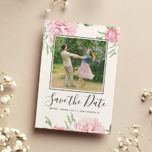 Save The Date Floral Pink Peony Botanical Photo Élégante
