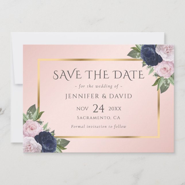 Save The Date Floral rose bleu bleu marine moderne (Devant)