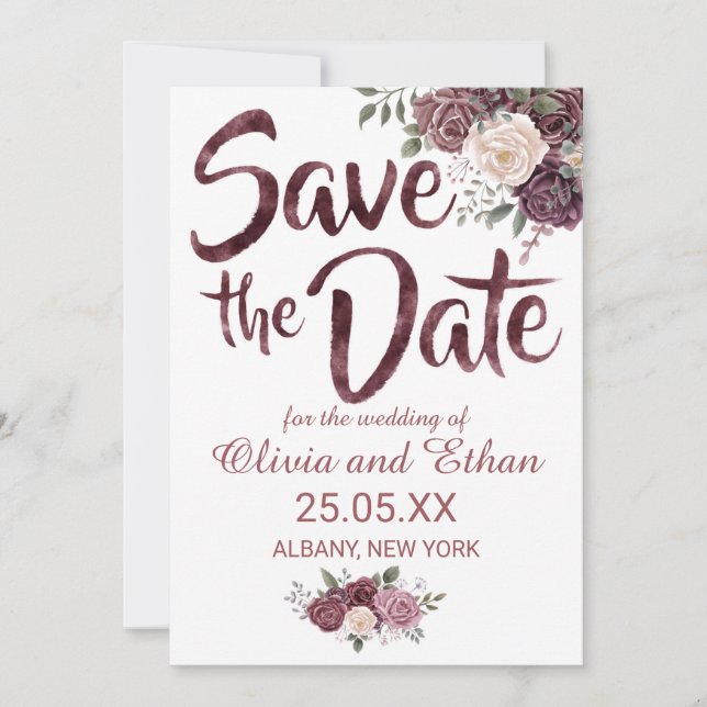 Save The Date Floral Rose Dusty classique sur blanc (Devant)
