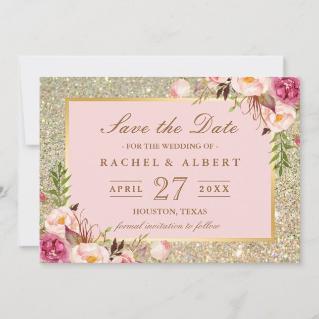 Save The Date Floral rose or Parties scintillant mariage Enregis (Devant)