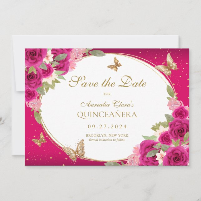 Save The Date Floral rose or Tiara Butterfly Quinceanera (Devant)