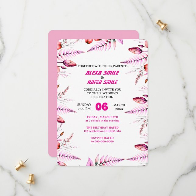 Save The Date Floral Rose Wedding Invitation: Blush Pink (Devant/Arrière en situation)