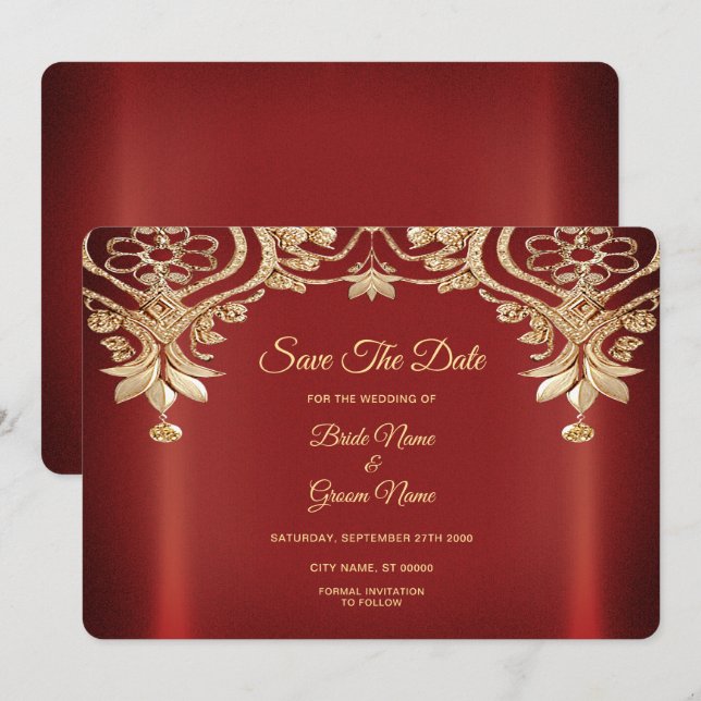 Save The Date Floral Rouge Or Moderne Économisez La Date (Devant / Derrière)