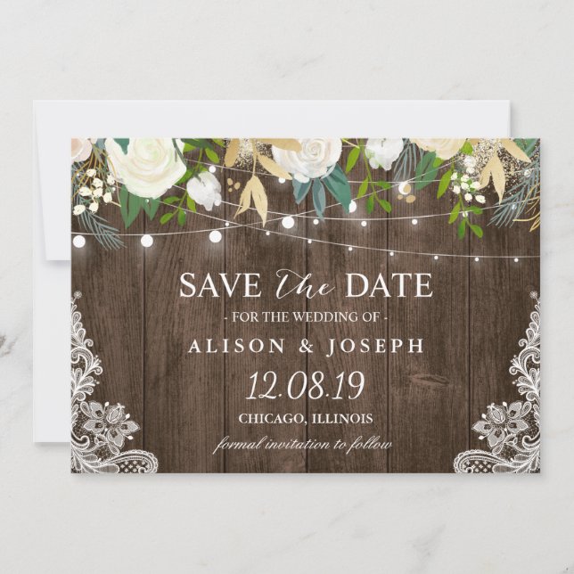 Save The Date Floral String Lights Rustic Country Enregistrer la (Devant)