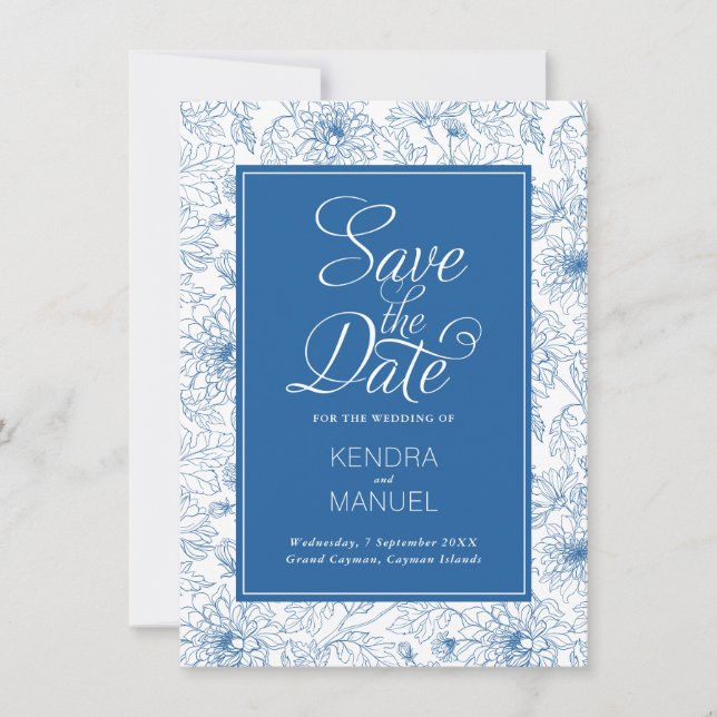 Save The Date Floral Toile Français Bleu Chinoiserie Mariage (Devant)