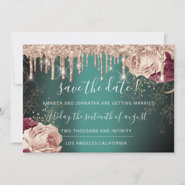Save the Date Florals Rose Gold Tropfen Aquamarin (Vorderseite)