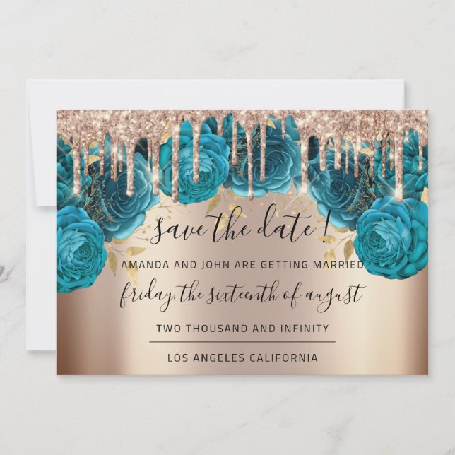 Save the Date Florals Rose Gold Tropfen Aquamarin (Vorderseite)
