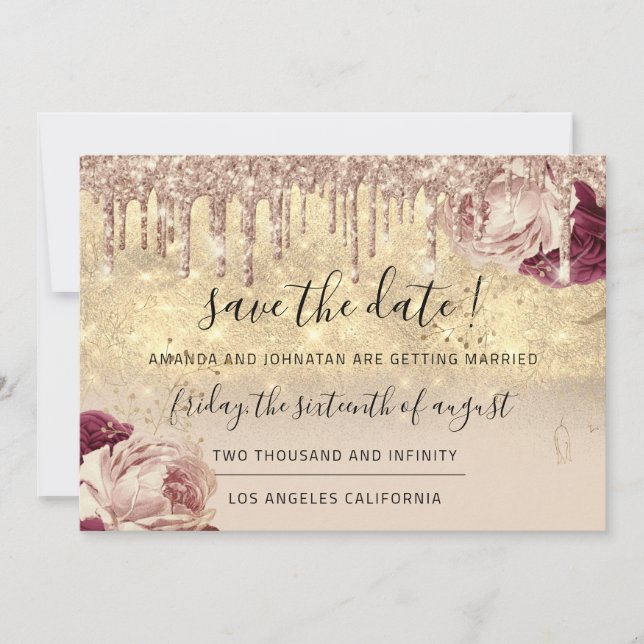 Save the Date Florals Rose Gold Tropfen Elfenbeink (Vorderseite)