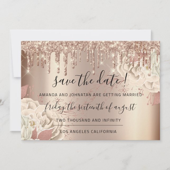 Save the Date Florals Rose Gold Tropfen White (Vorderseite)