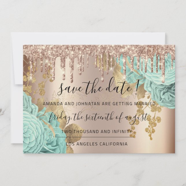 Save the Date Florals Rose Gold Tropfens Blue (Vorderseite)
