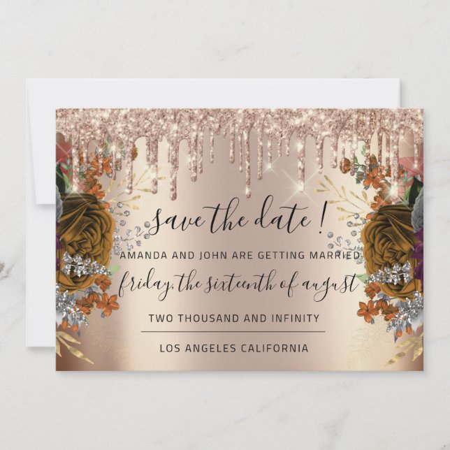 Save the Date Florals Rose Gold Tropfens Brown (Vorderseite)