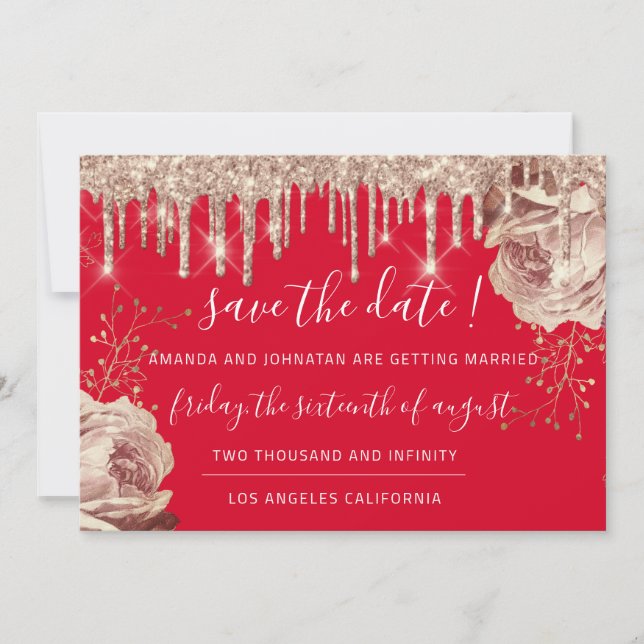 Save the Date Florals Rose Tropfen Red Ivory Gold (Vorderseite)