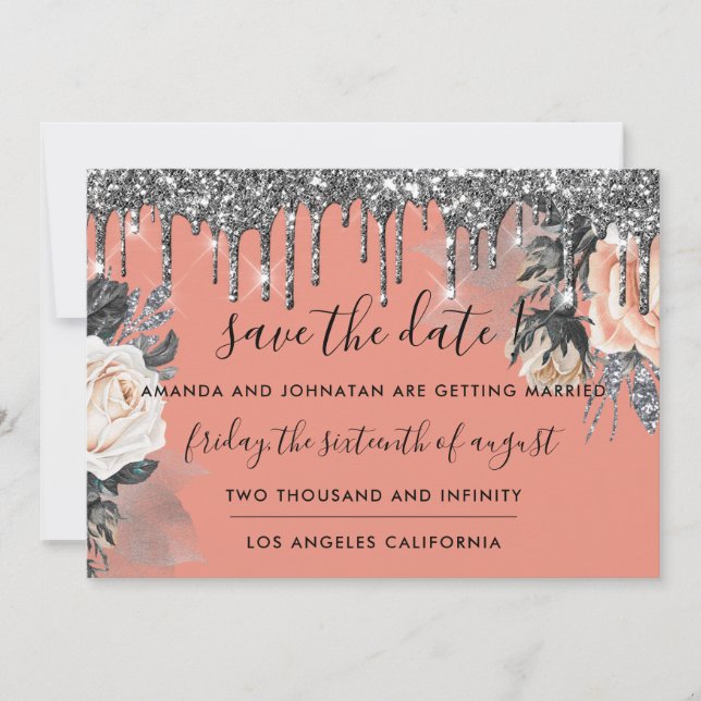 Save the Date Florals Rose Tropfen Rose Silver (Vorderseite)
