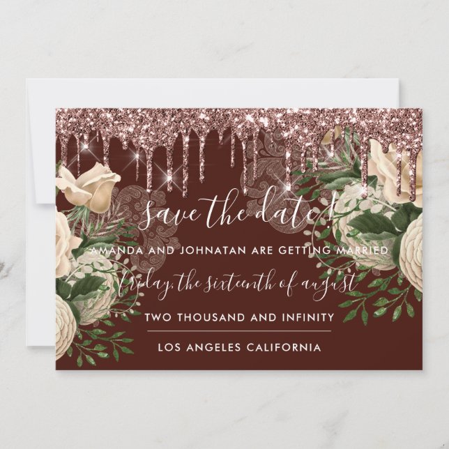 Save the Date Florals Rose Tropfens Rose Brown (Vorderseite)