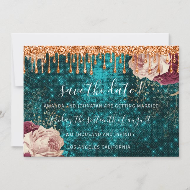 Save the Date Florals Rose Wreath Kupfer Tropfen A (Vorderseite)