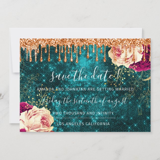 Save the Date Florals Rose Wreath Orange Tropfen A (Vorderseite)