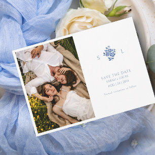 Save The Date Flore bleu et blanc Mariage monogramme plat