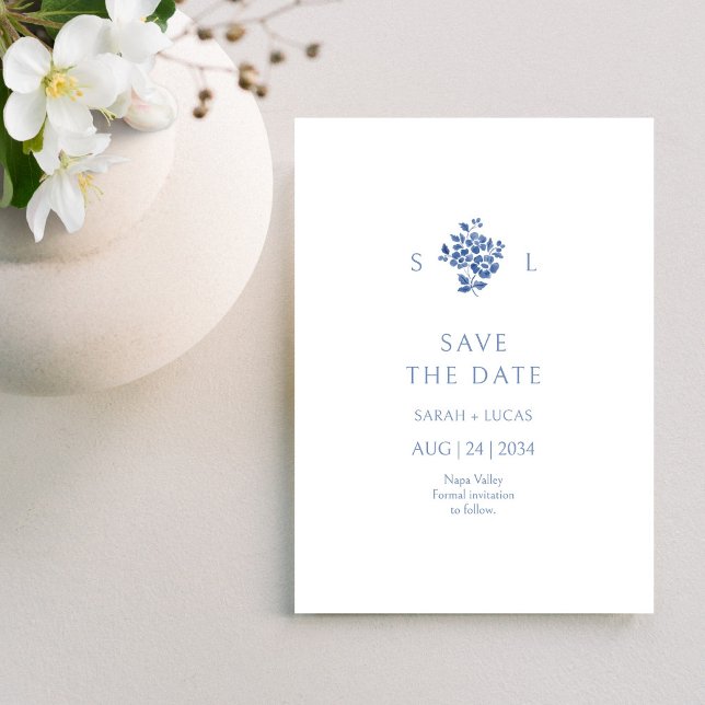 Save The Date Flore bleu et blanc Mariage monogramme plat (Créateur téléchargé)