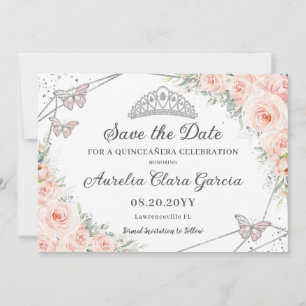 Save The Date Flore rose pâle Silver Quinceañera Sweet sixteen