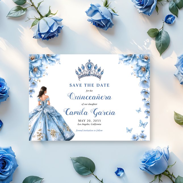 Save The Date Flore Whimsical Dusty Bleu Tiara Quinceañera (Créateur téléchargé)