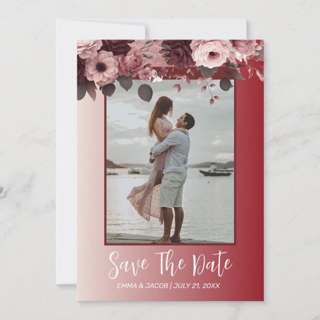 Save The Date Flores d'aquarelle rose-bordeaux romantique (Devant)