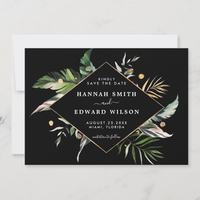 Save The Date Foliage tropical sauvage Photo Mariage noir (Devant)