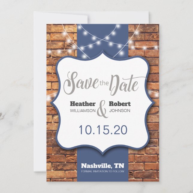 Save The Date Fond de brique rustique avec des accents bleus Enr (Devant)