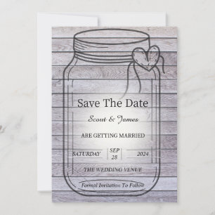 Save The Date Fond en bois clair avec pot Mason en forme de cœur
