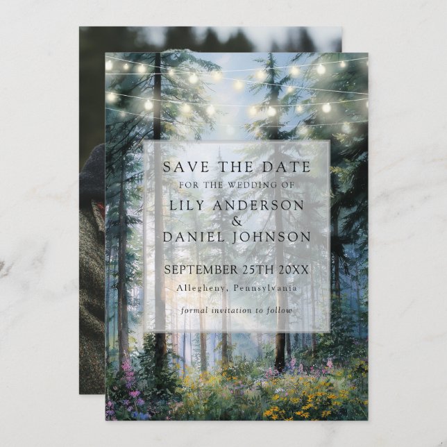 Save The Date Forest String Lights Floral Rustic Photo Wedding (Devant / Derrière)