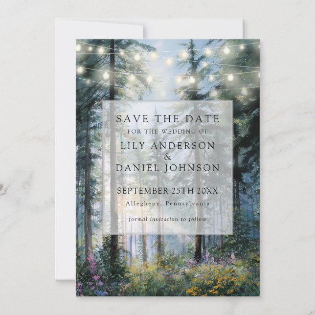 Save The Date Forest String Lights Wildflowers Floral Wedding (Devant)