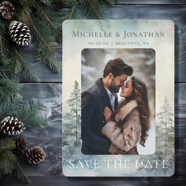 Save The Date Forêt de pins d'hiver rustique Mariage photo (Front - Rustic Winter Pine Forest Woodland Photo Wedding Save The Date)