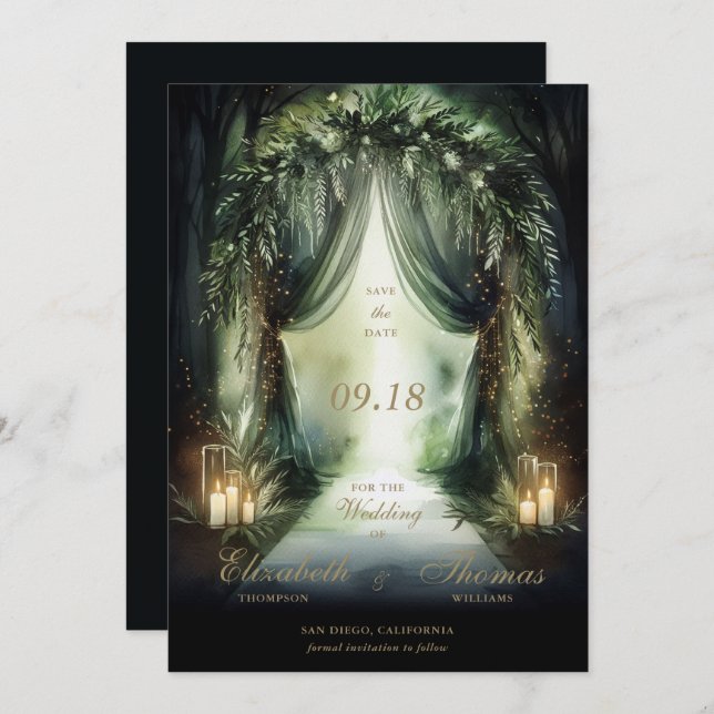 Save The Date Forêt enchantée Moody Romantique Mariage Emeraude (Devant / Derrière)