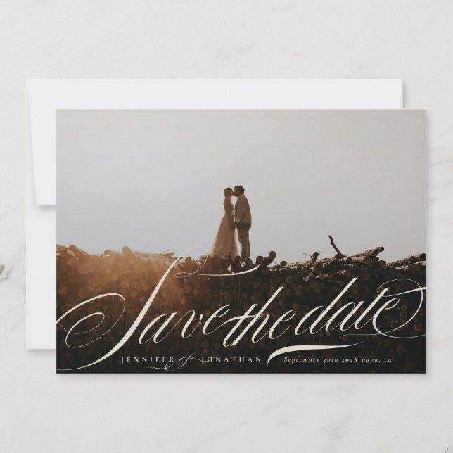 Save The Date Formal Elegant Beige Calligraphy QR Code Photo (Devant)