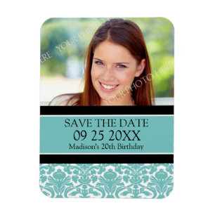 Save the Date Foto Birthday Magnet Aqua Damask