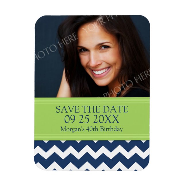 Save the Date Foto Birthday Magnet Blue Zickzack (Vertikal)