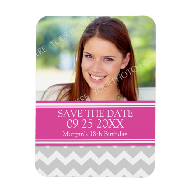 Save the Date Foto Birthday Magnet Grau Zickzack (Vertikal)