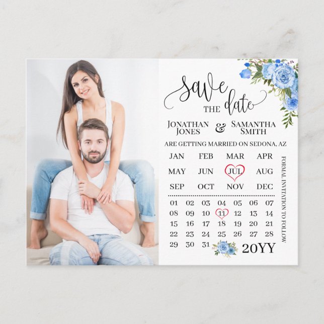 Save the Date Foto Blaue Hochzeit Postkarte (Vorderseite)