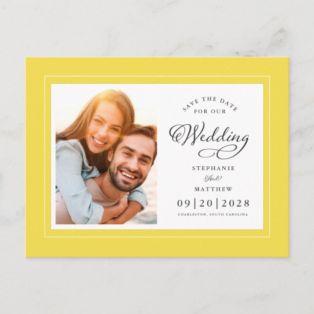 Save the Date Foto Gelb Elegante Chic Wedding Ankündigungspostkarte (Vorderseite)