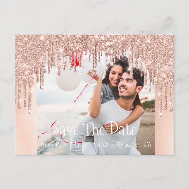 Save the Date Foto Glitzer Verlobung Rose Blush Ankündigungspostkarte (Vorderseite)