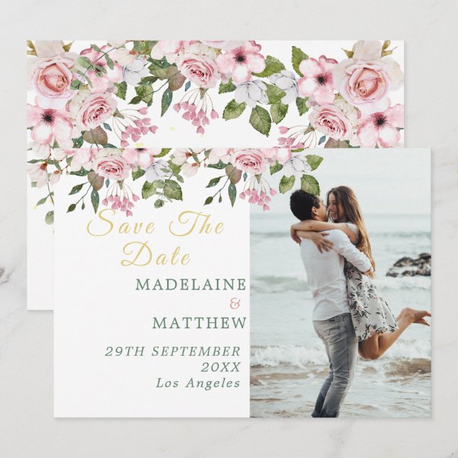 Save the Date Foto Gold Floral Elegante Hochzeit (Vorne/Hinten)