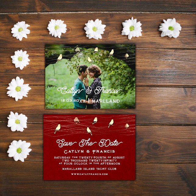 Save the Date Foto Golden Birds Kraft Digital Red Einladung (Save The Date Photo Golden Birds Kraft Digital Red Invitation)