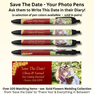 Save The Date - Foto + goldene Blumen Dunkelrot Kugelschreiber